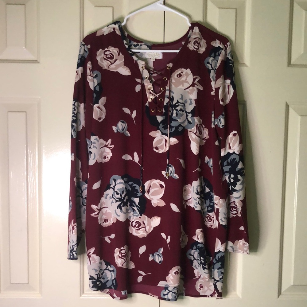 Floral Lace-Up Burgundy Top